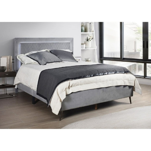 English Elm Velvet Full Platform Bed with LED Headboard Lattice Tufting and Angled Metal Legs Dark Gray B011P565582