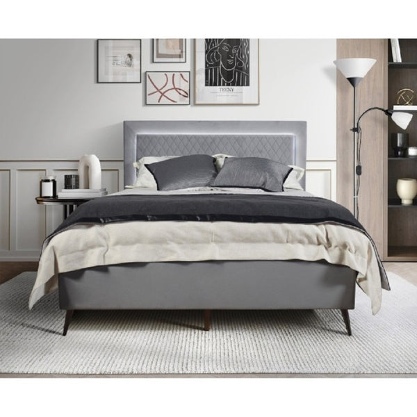 English Elm Velvet Full Platform Bed with LED Headboard Lattice Tufting and Angled Metal Legs Dark Gray B011P565582