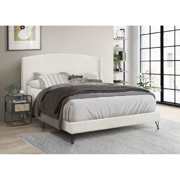 English Elm Boucle Upholstered Full Platform Bed with Sculptural Arc Wingback Headboard and Hairpin Legs Beige B011P565593