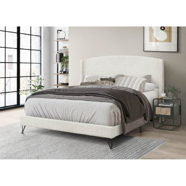 English Elm Boucle Upholstered Full Platform Bed with Sculptural Arc Wingback Headboard and Hairpin Legs Beige B011P565593