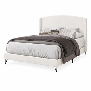 English Elm Boucle Upholstered Full Platform Bed with Sculptural Arc Wingback Headboard and Hairpin Legs Beige B011P565593