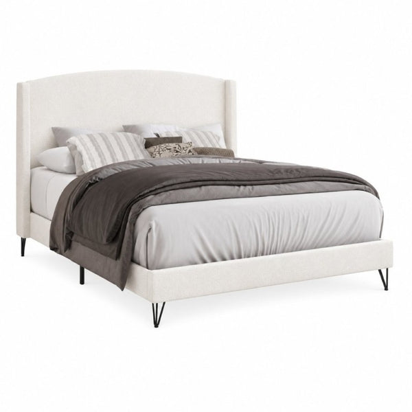 English Elm Boucle Upholstered Full Platform Bed with Sculptural Arc Wingback Headboard and Hairpin Legs Beige B011P565593
