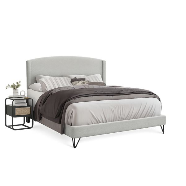 English Elm Boucle Upholstered Full Platform Bed with Sculptural Arc Wingback Headboard and Hairpin Legs Light Gray B011P565598