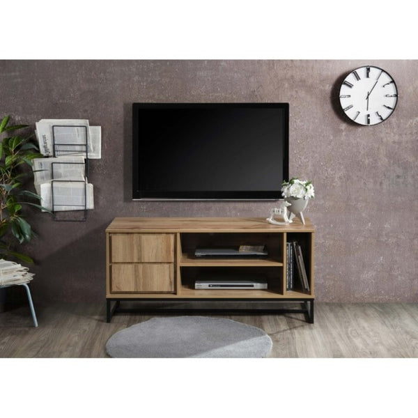 English Elm Mid-Century Modern Low Profile Media Console with Open Shelving and Enclosed Cabinet Oak B011P566912