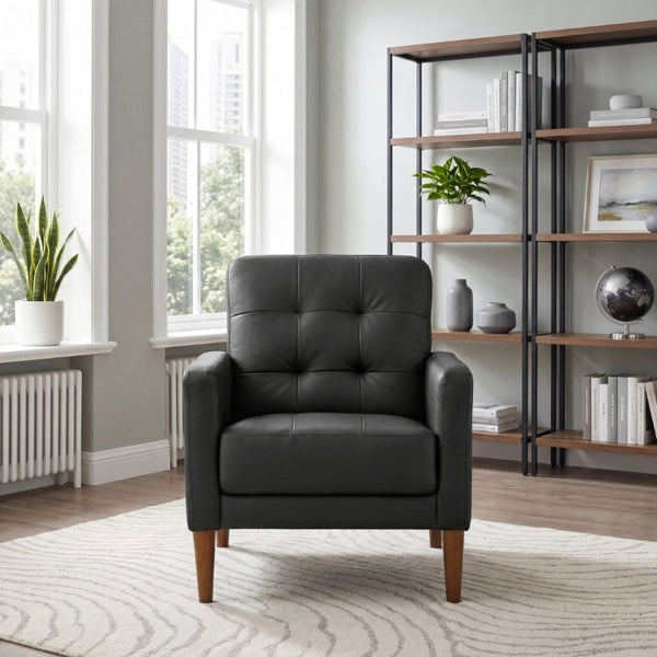 English Elm Modern Tufted Leather Armchair with Pocket Coil Support and Walnut Rubberwood Legs Black B011P566913