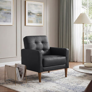 English Elm Modern Tufted Leather Armchair with Pocket Coil Support and Walnut Rubberwood Legs Black B011P566913