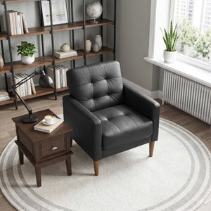 English Elm Modern Tufted Leather Armchair with Pocket Coil Support and Walnut Rubberwood Legs Black B011P566913