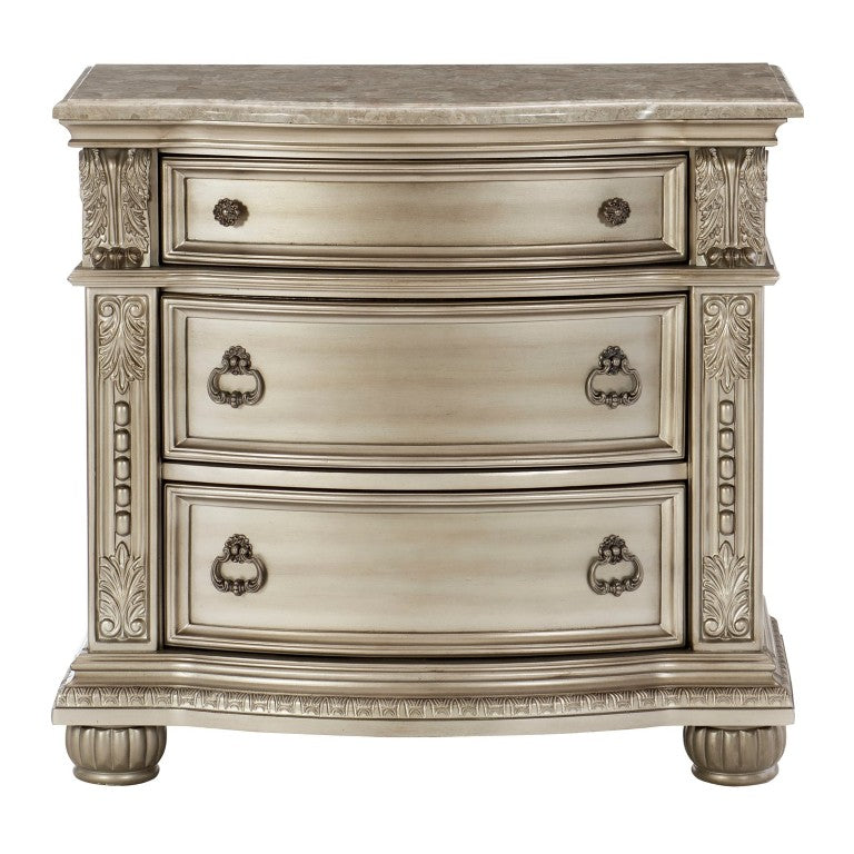English Elm Nightstands Set of 2 Marble Top Birch Veneer Carved Old World European Bedroom Pair B011P567013