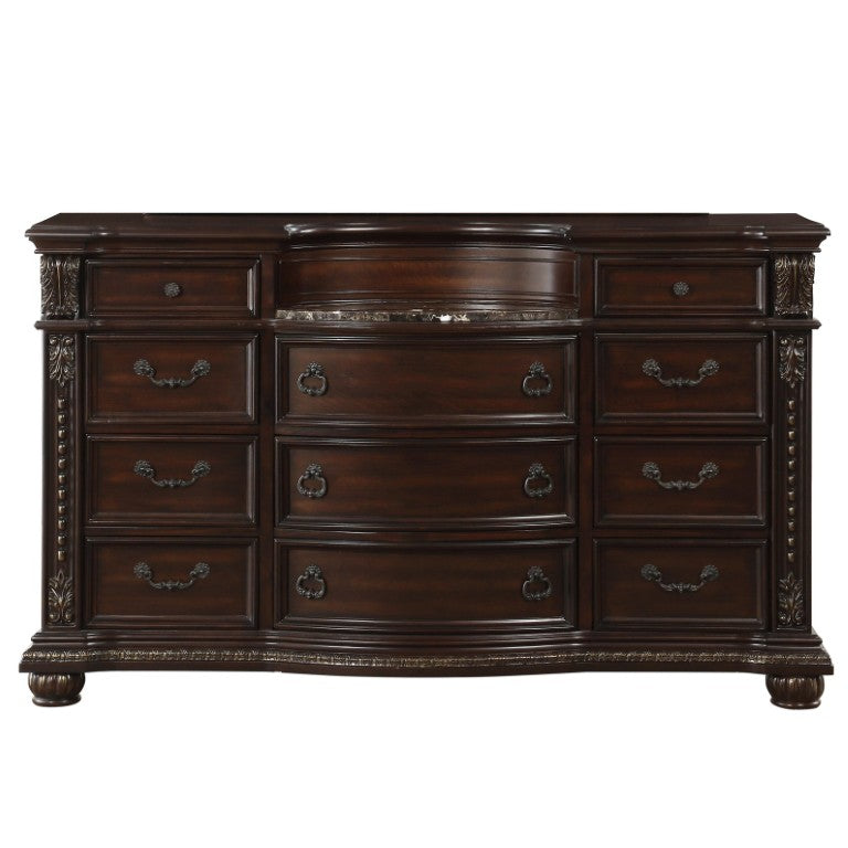English Elm Dresser Traditional Cherry Birch Veneer with Hand Carved Acanthus and Marble Top Accents B011P567016