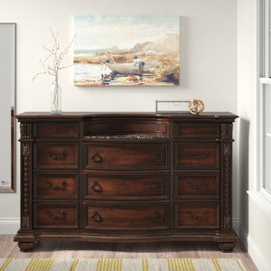 English Elm Dresser Traditional Cherry Birch Veneer with Hand Carved Acanthus and Marble Top Accents B011P567016