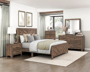 English Elm Bed Full Size Rustic Brown Panel Frame with Bold V Pattern Geometric Headboard B011P567025