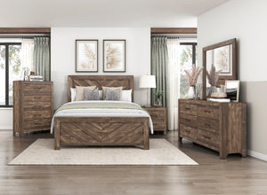 English Elm Bed Full Size Rustic Brown Panel Frame with Bold V Pattern Geometric Headboard B011P567025