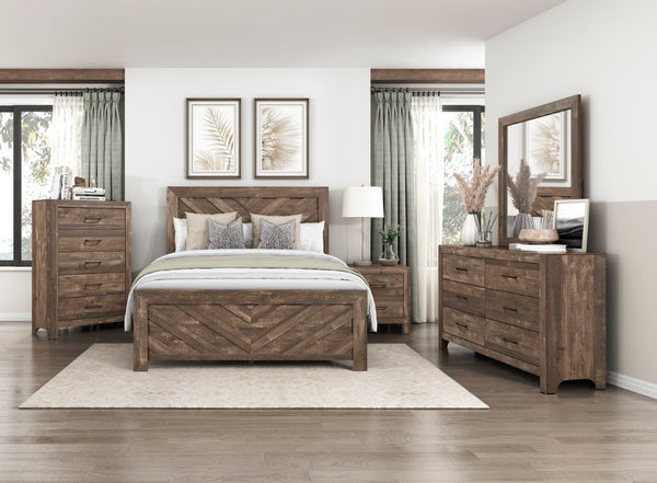 English Elm Bed Full Size Rustic Brown Panel Frame with Bold V Pattern Geometric Headboard B011P567025