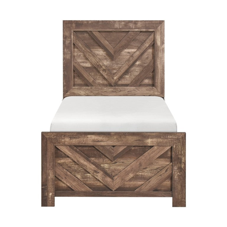 English Elm Bed Twin Panel Frame with V Pattern Headboard Rustic Brown Engineered Wood Finish B011P567026