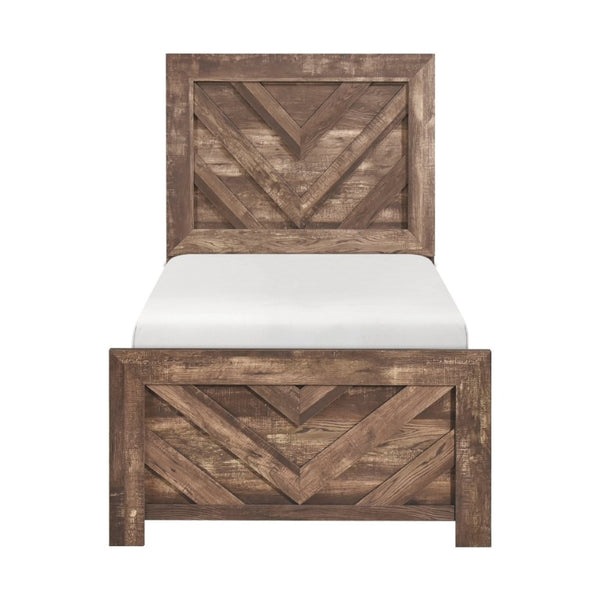English Elm Bed Twin Panel Frame with V Pattern Headboard Rustic Brown Engineered Wood Finish B011P567026