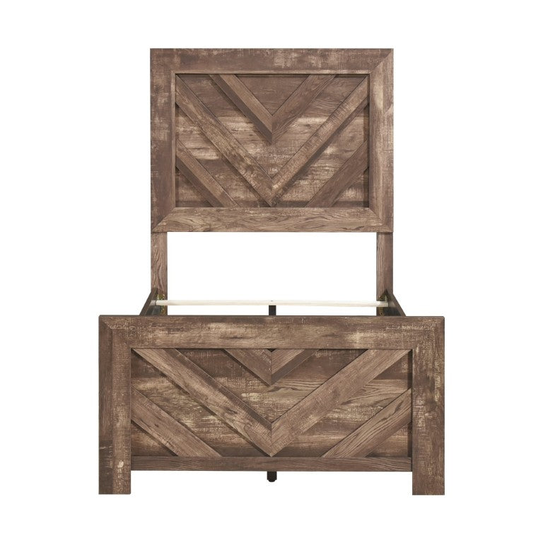 English Elm Bed Twin Panel Frame with V Pattern Headboard Rustic Brown Engineered Wood Finish B011P567026
