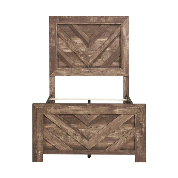 English Elm Bed Twin Panel Frame with V Pattern Headboard Rustic Brown Engineered Wood Finish B011P567026