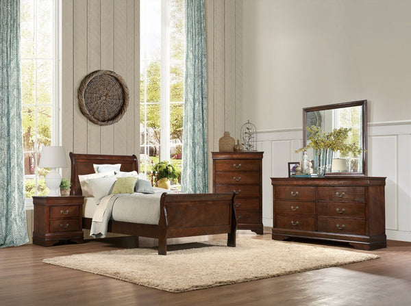 English Elm Nightstands Louis Philippe Cherry Veneer Set of 2 with Antique Brass Drop Handles B011P567028