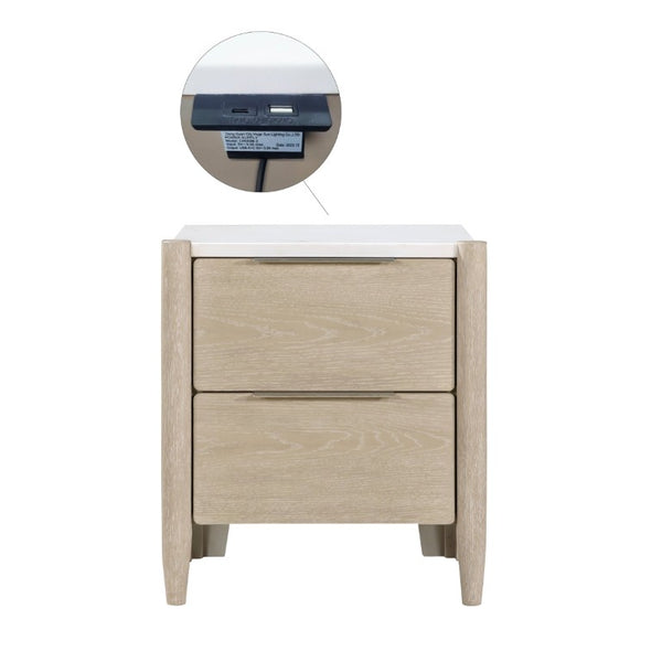 English Elm Nightstands with Marble Tops and Charging Ports Oak Veneer Scandinavian Bedroom Set B011P567040