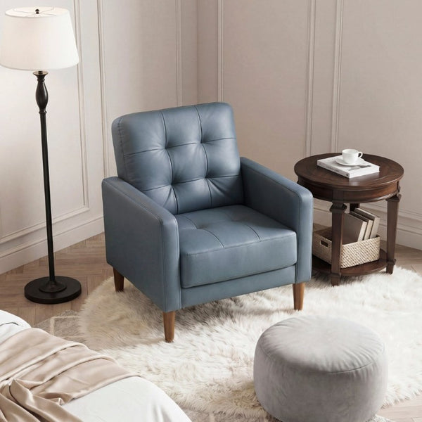 English Elm Modern Tufted Leather Armchair with Pocket Coil Support and Walnut Rubberwood Legs Blue B011P567045