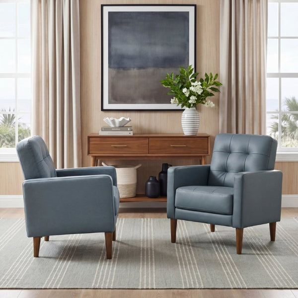 English Elm Modern Tufted Leather Armchair with Pocket Coil Support and Walnut Rubberwood Legs Blue B011P567045