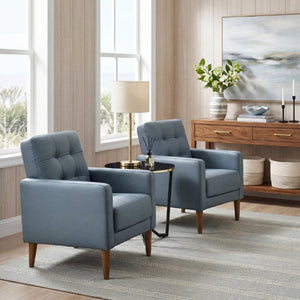 English Elm Modern Tufted Leather Armchair with Pocket Coil Support and Walnut Rubberwood Legs Blue B011P567045