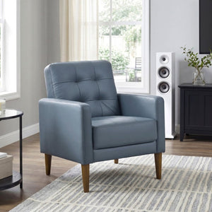 English Elm Modern Tufted Leather Armchair with Pocket Coil Support and Walnut Rubberwood Legs Blue B011P567045