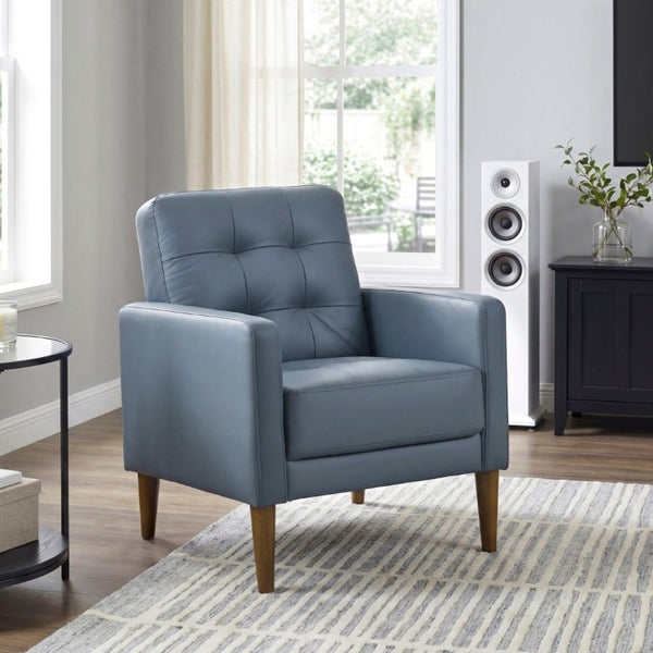 English Elm Modern Tufted Leather Armchair with Pocket Coil Support and Walnut Rubberwood Legs Blue B011P567045