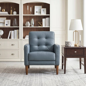 English Elm Modern Tufted Leather Armchair with Pocket Coil Support and Walnut Rubberwood Legs Blue B011P567045