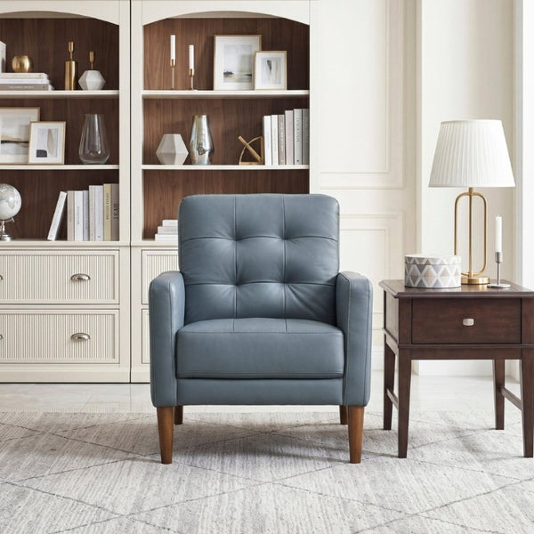 English Elm Modern Tufted Leather Armchair with Pocket Coil Support and Walnut Rubberwood Legs Blue B011P567045