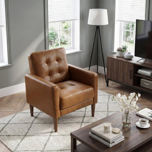 English Elm Modern Tufted Leather Armchair with Pocket Coil Support and Walnut Rubberwood Legs Camel B011P567046