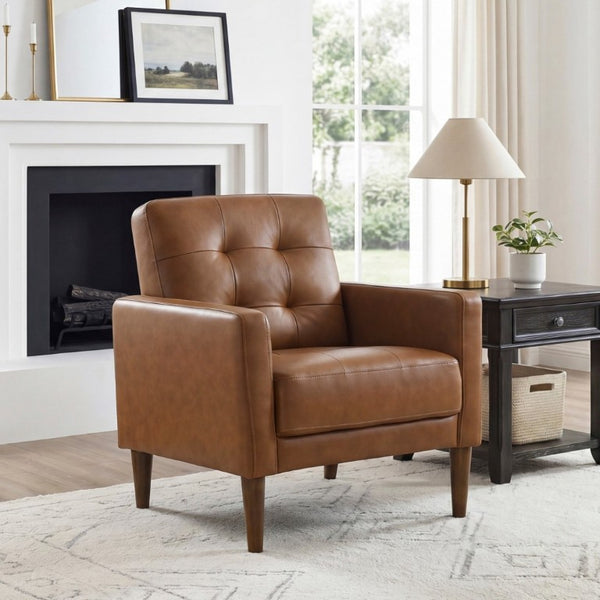 English Elm Modern Tufted Leather Armchair with Pocket Coil Support and Walnut Rubberwood Legs Camel B011P567046