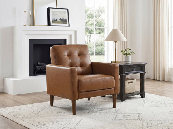 English Elm Modern Tufted Leather Armchair with Pocket Coil Support and Walnut Rubberwood Legs Camel B011P567046