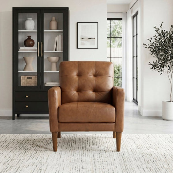 English Elm Modern Tufted Leather Armchair with Pocket Coil Support and Walnut Rubberwood Legs Camel B011P567046