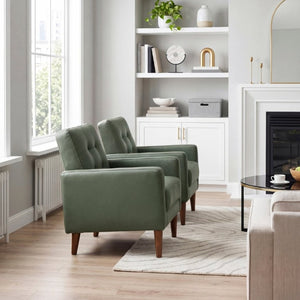 English Elm Modern Tufted Leather Armchair with Pocket Coil Support and Walnut Rubberwood Legs Green B011P567047