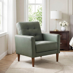 English Elm Modern Tufted Leather Armchair with Pocket Coil Support and Walnut Rubberwood Legs Green B011P567047