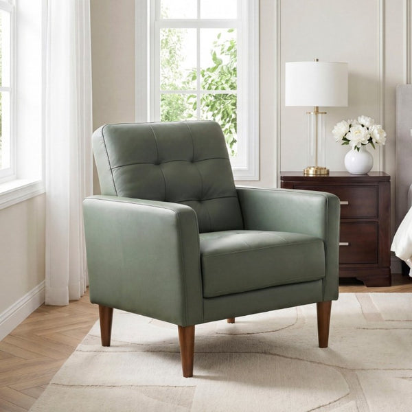 English Elm Modern Tufted Leather Armchair with Pocket Coil Support and Walnut Rubberwood Legs Green B011P567047