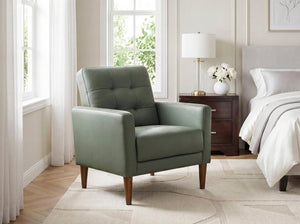 English Elm Modern Tufted Leather Armchair with Pocket Coil Support and Walnut Rubberwood Legs Green B011P567047