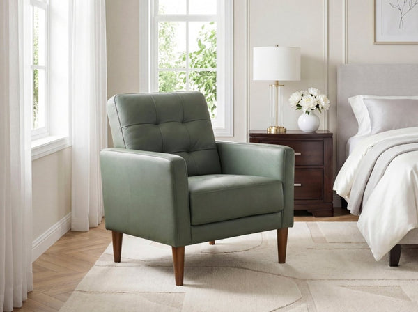 English Elm Modern Tufted Leather Armchair with Pocket Coil Support and Walnut Rubberwood Legs Green B011P567047