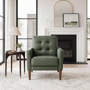 English Elm Modern Tufted Leather Armchair with Pocket Coil Support and Walnut Rubberwood Legs Green B011P567047