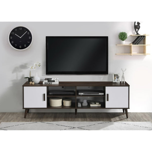 English Elm 71 Inch Low Profile Media Console with Open Shelving and Cabinet Storage for Living Rooms White+Walnut B011P567070
