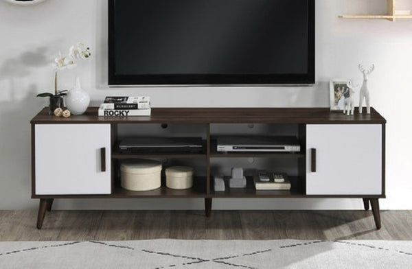 English Elm 71 Inch Low Profile Media Console with Open Shelving and Cabinet Storage for Living Rooms White+Walnut B011P567070