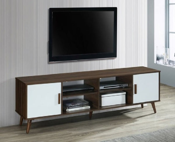 English Elm 71 Inch Low Profile Media Console with Open Shelving and Cabinet Storage for Living Rooms White+Walnut B011P567070