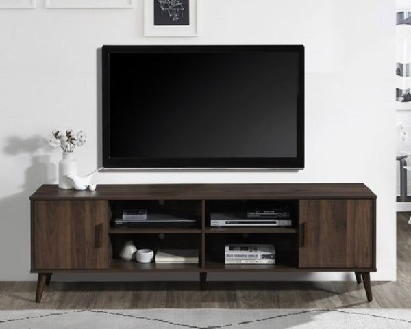 English Elm 71 Inch Low Profile Media Console with Open Shelving and Cabinet Storage for Living Rooms Dark Walnut B011P567071