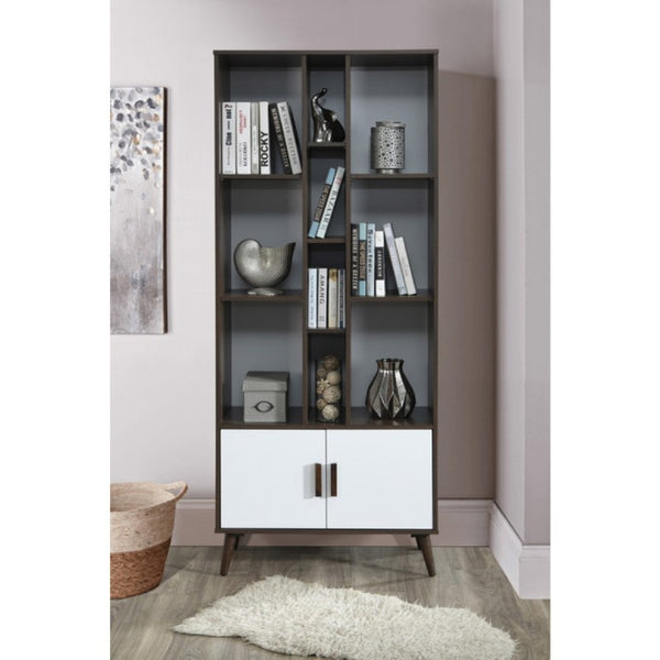 English Elm 75 Inch Two Tone Walnut Bookcase with Ten Open Shelves and Concealed Cabinet Storage Walnut/White B011P567075