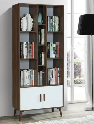 English Elm 75 Inch Two Tone Walnut Bookcase with Ten Open Shelves and Concealed Cabinet Storage Walnut/White B011P567075