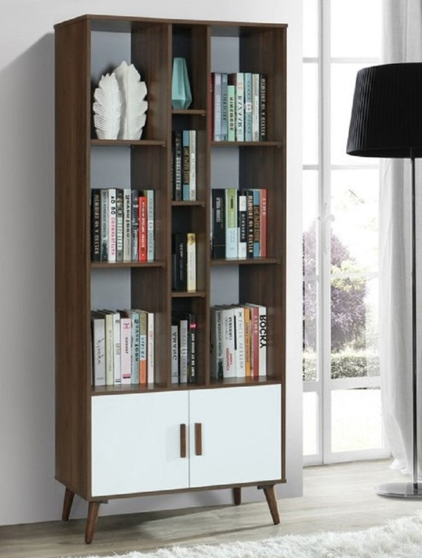 English Elm 75 Inch Two Tone Walnut Bookcase with Ten Open Shelves and Concealed Cabinet Storage Walnut/White B011P567075