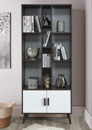 English Elm 75 Inch Two Tone Walnut Bookcase with Ten Open Shelves and Concealed Cabinet Storage Walnut/White B011P567075