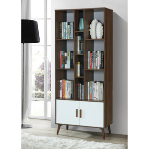 English Elm 75 Inch Two Tone Walnut Bookcase with Ten Open Shelves and Concealed Cabinet Storage Walnut/White B011P567075