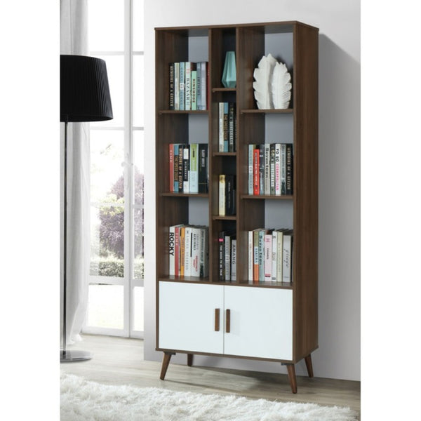 English Elm 75 Inch Two Tone Walnut Bookcase with Ten Open Shelves and Concealed Cabinet Storage Walnut/White B011P567075